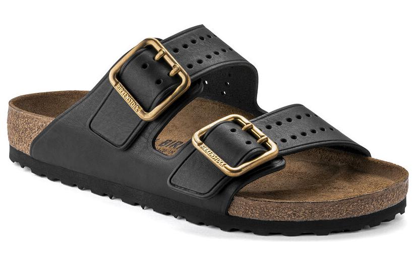 Order Birkenstock 皮革 百搭舒適 透氣 金屬搭扣 一字拖鞋 男款 黑色 窄版