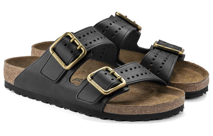 Lookbook Birkenstock 皮革 百搭舒適 透氣 金屬搭扣 一字拖鞋 男款 黑色 窄版