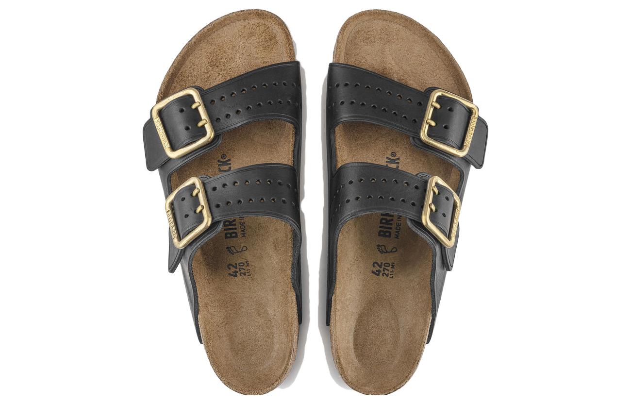 Shop Birkenstock 皮革 百搭舒適 透氣 金屬搭扣 一字拖鞋 男款 黑色 窄版