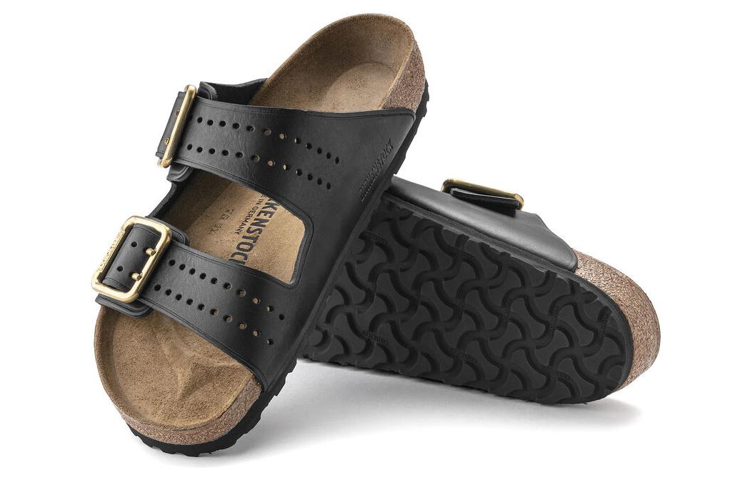 Purchase Birkenstock 皮革 百搭舒適 透氣 金屬搭扣 一字拖鞋 男款 黑色 窄版
