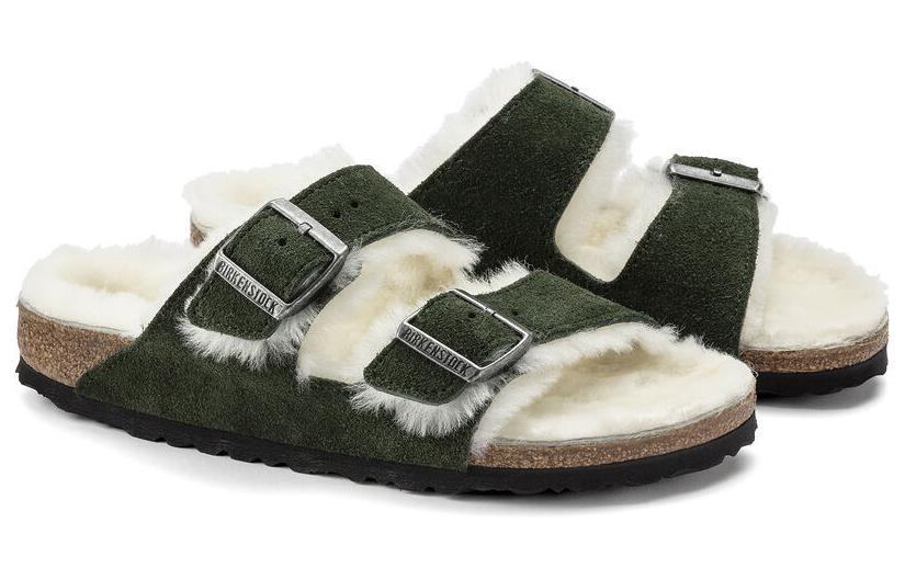 Shop Birkenstock Arizona Shearling Sandal Suede Leather Narrow Fit 'Green' 1021102