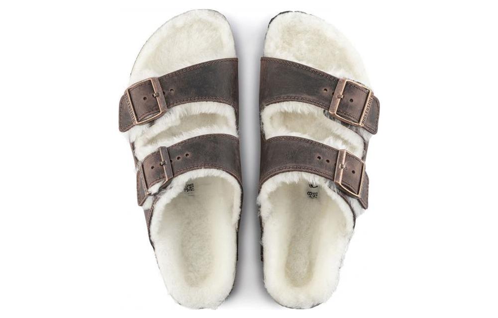 Lookbook Birkenstock Arizona Shearling Waxy Leather Narrow Fit Sandals 'Oiled Habana' 1021049