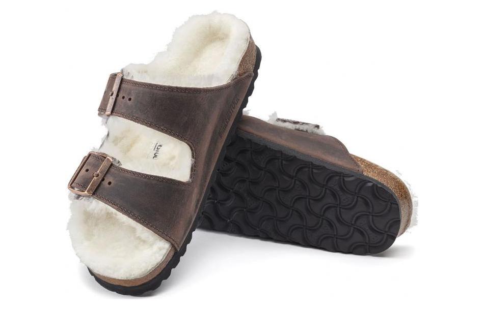 Shop Birkenstock Arizona Shearling Waxy Leather Narrow Fit Sandals 'Oiled Habana' 1021049