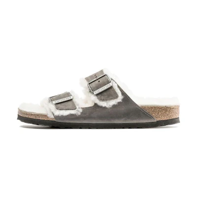 Birkenstock Arizona Shearling Waxy Leather Oiled 'Iron'