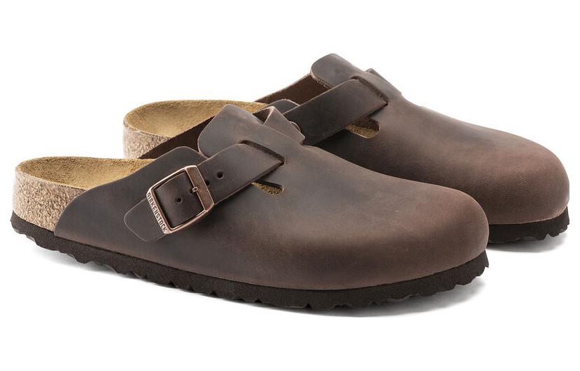 Shop Birkenstock 皮革 柔軟舒適增高厚底百搭金屬搭扣 包頭拖鞋 男女同款 紅棕色 窄版