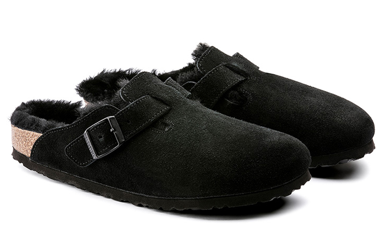 Shop Birkenstock Boston Shearling (Medium/Narrow Fit) Suede Leather Black 259883