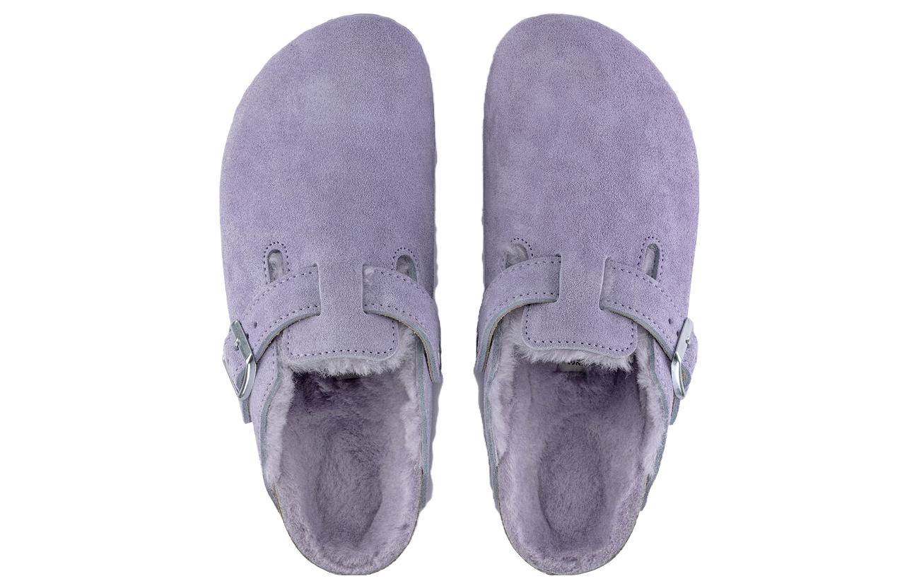 Shop Birkenstock Boston Shearling Suede Leather Coated Narrow Fit 'Purple Fog' 1023302
