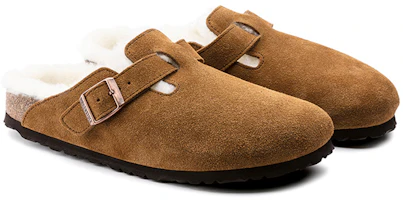 Shop Birkenstock Boston 羊毛絨皮窄版拖鞋 'Mink' 棕色 1001140/1001141