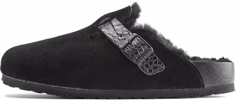 Birkenstock Boston Shearling Suede Reptile Embossed Strap Black 1021009/1021082 Birkenstock Boston Shearling Suede Reptile Embossed Strap Black 1021009/1021082