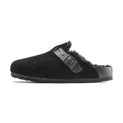Birkenstock Boston Shearling Suede Reptile Embossed Strap Black