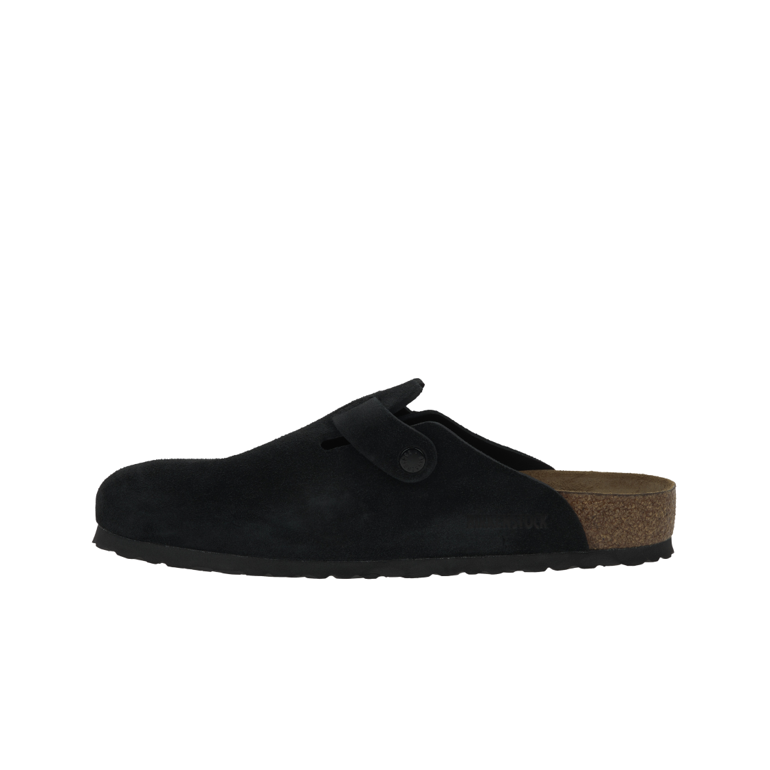 Shop Birkenstock Boston 软床麂皮黑色拖鞋 0660471/0660473