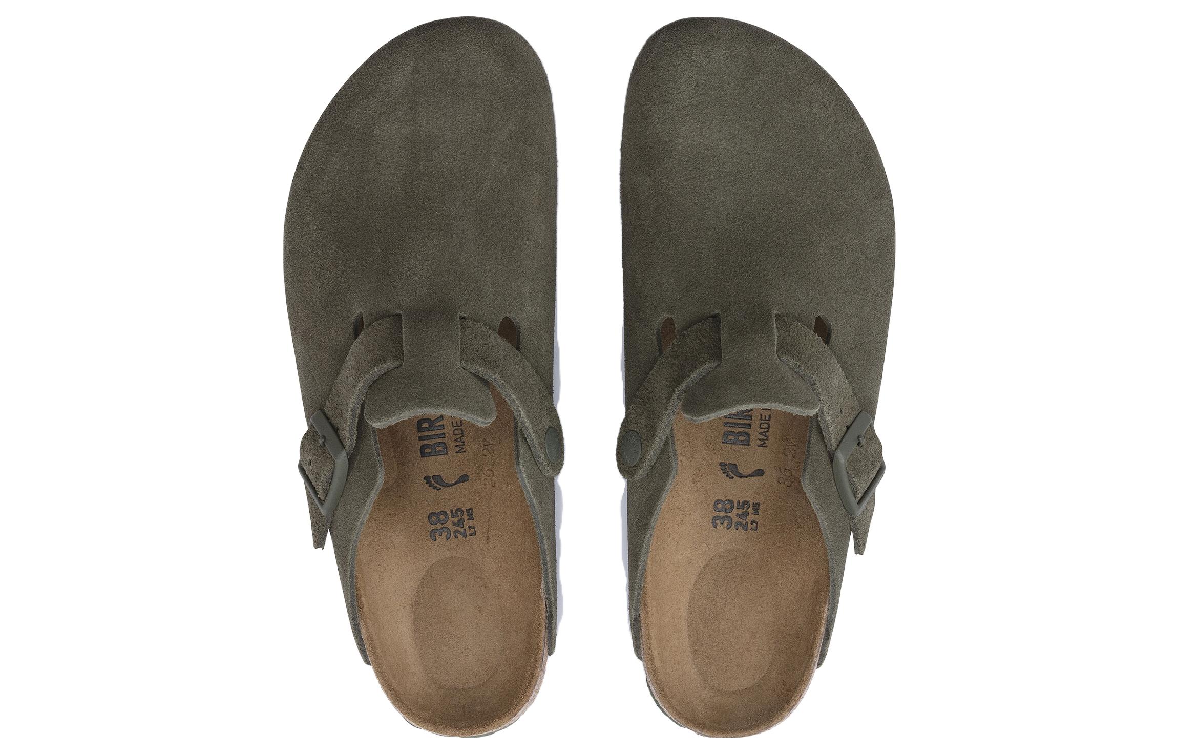 Shop Birkenstock Boston绒面窄版皮革 'Thyme' 绿色款 1024714