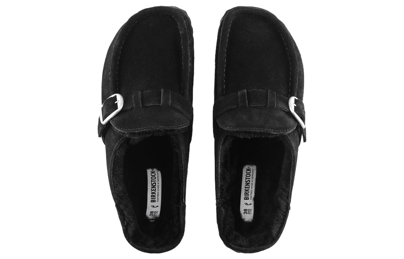 Shop Birkenstock Buckley Shearling Suede Leather Narrow Fit Sandals 'Black' 1018126