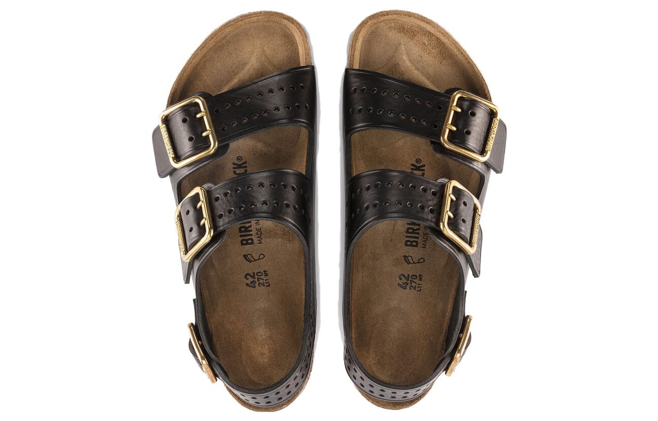 Shop Birkenstock Comfort Leather Round Toe Thick Sole Sandal 'Black Regular Edition' 1023622