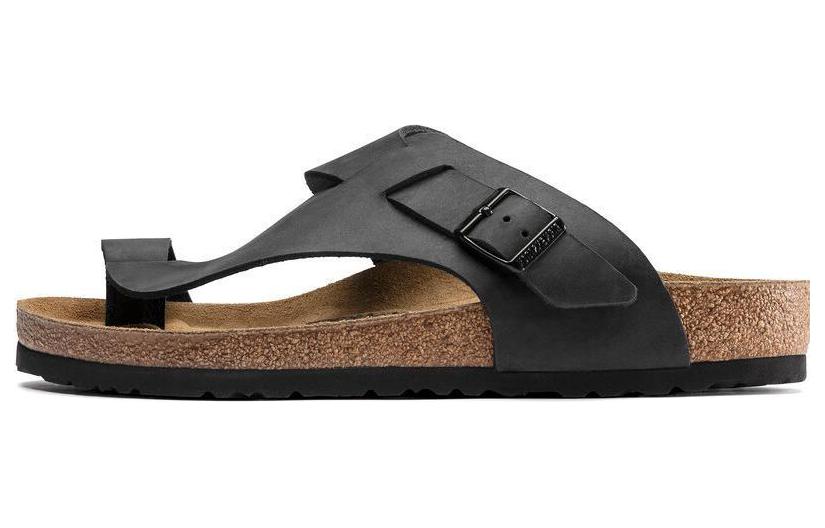 Birkenstock Leather Soft Comfort Round Toe Thick Sole Versatile Flip-Flops 'Black Regular Edition' 1023112