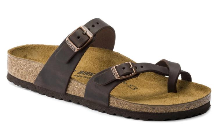 Lookbook Birkenstock 皮革時尚舒適一字拖鞋 男女同款 棕色 常規