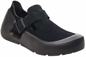 Shop Birkenstock 皮革 圓頭扣環 低筒 休閒生活鞋 女款 黑色 窄版