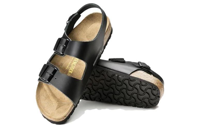 Shop Birkenstock 皮革 柔軟舒適厚底搭扣 沙灘涼鞋 男款 黑色 常規版