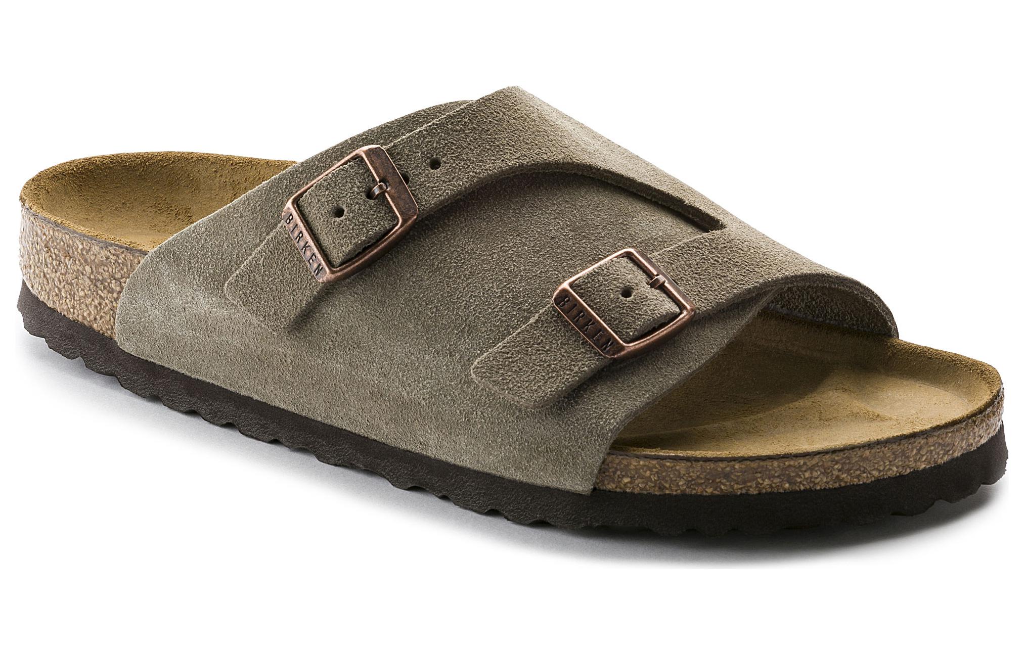 Lookbook Birkenstock 麂皮 柔軟舒適增高厚底百搭扣帶 一字拖鞋 男女同款 灰褐色 窄版