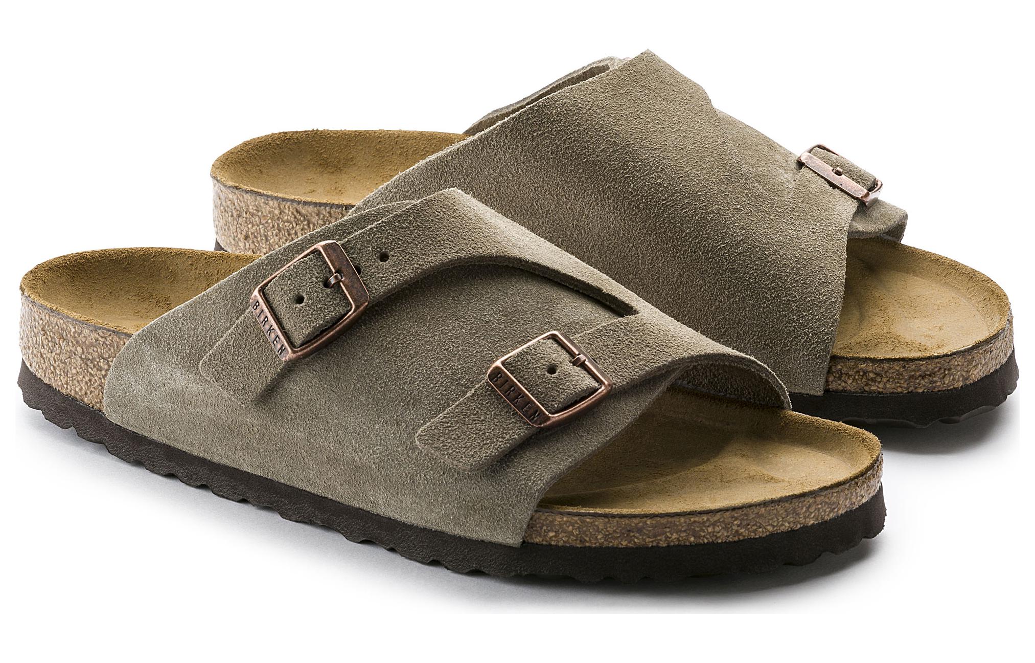 Shop Birkenstock 麂皮 柔軟舒適增高厚底百搭扣帶 一字拖鞋 男女同款 灰褐色 窄版
