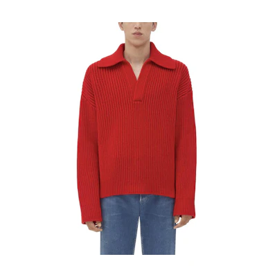 Bottega Veneta Red Solid Color Collared Casual Loose-Fit Sweater. 749395V33J06404