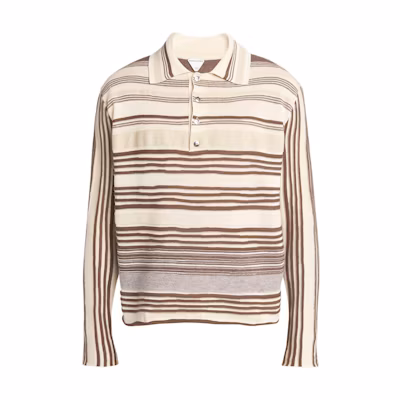 Bottega Veneta Beige & Brown Striped Long Sleeve Polo Shirt 793784V4E702975