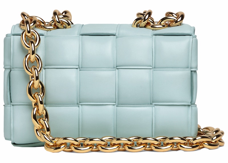 Lookbook Bottega Veneta Chain Cassette Bag Bahu Padded Intreccio Teal Washed