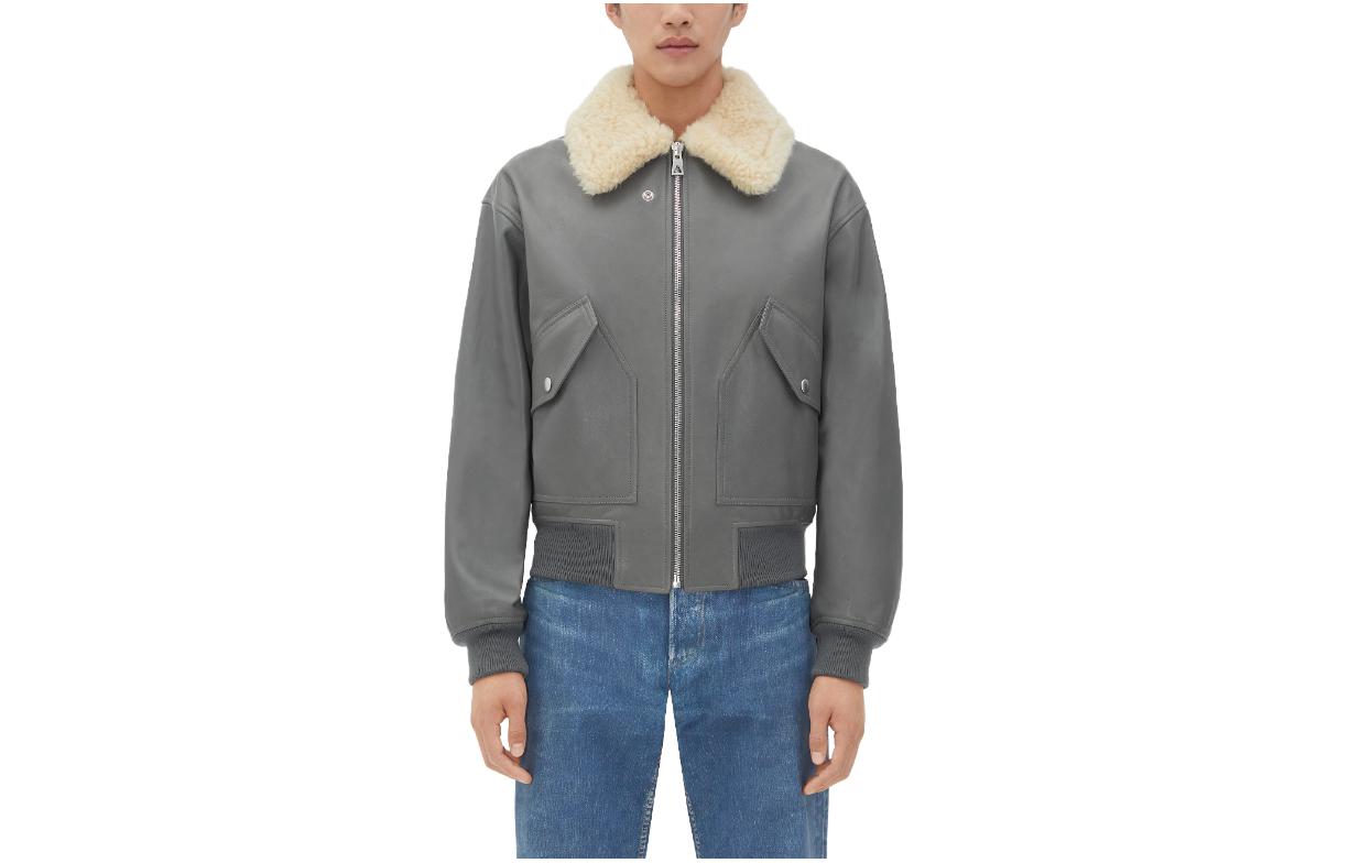 Bottega Veneta FW23  Grey Leather Jacket with Zip and Side Pockets. 723184V2JI01270