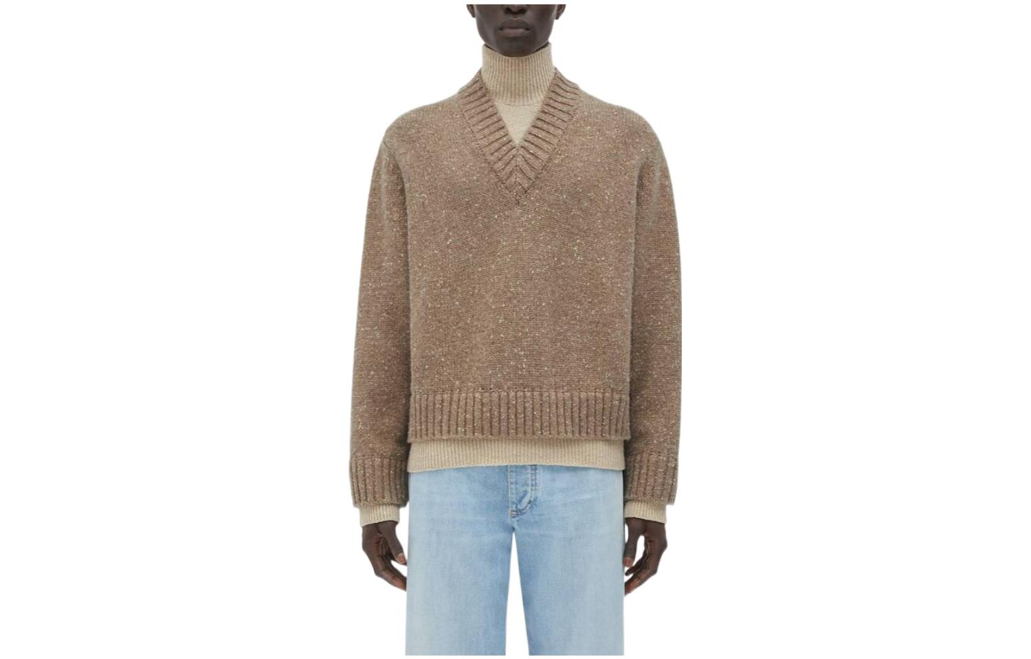 Bottega Veneta FW23  Solid V-Neck Long Sleeve Sweater Brown. 764484V3DQ01413