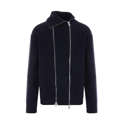 Bottega Veneta FW23 Solid High-Neck Double-Zip Knit Sweater Blue 772557V2MQ04121