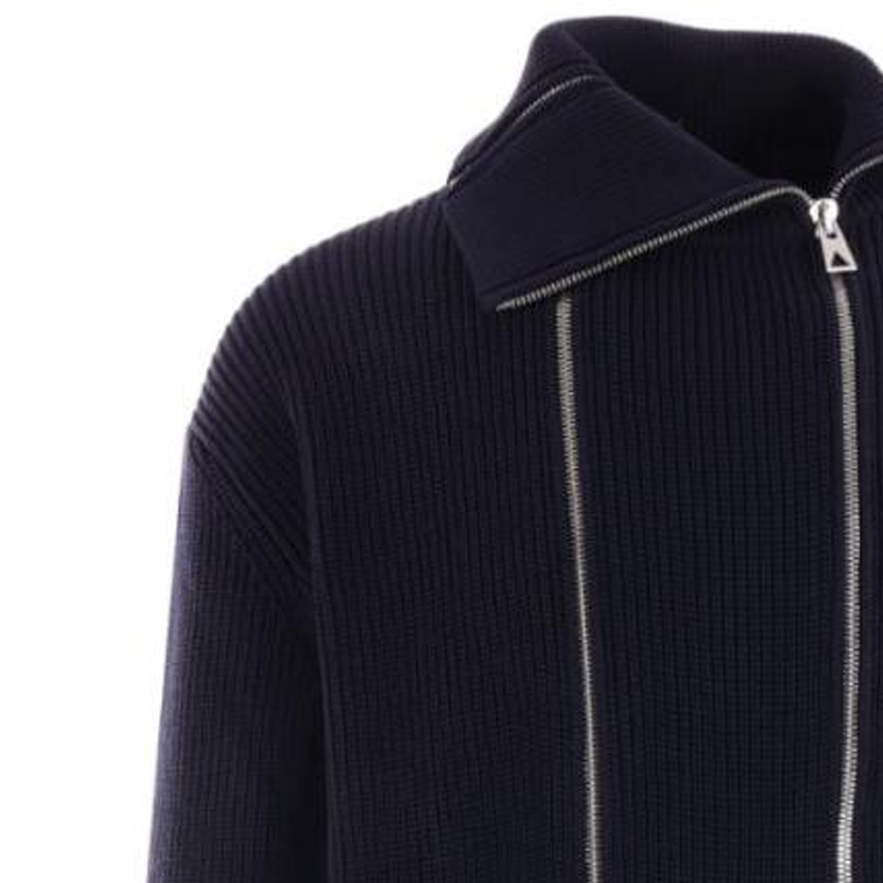 Purchase 보테가 베네타 FW23 솔리드 하이넥 더블 지퍼 니트 스웨터 블루 772557V2MQ04121