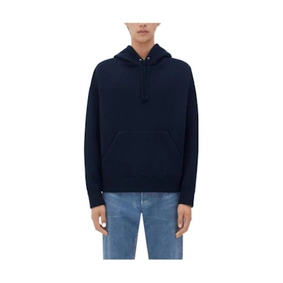 Bottega Veneta FW23 Solid Navy Blue Drawstring Hoodie Casual Wear 753828V33N04121