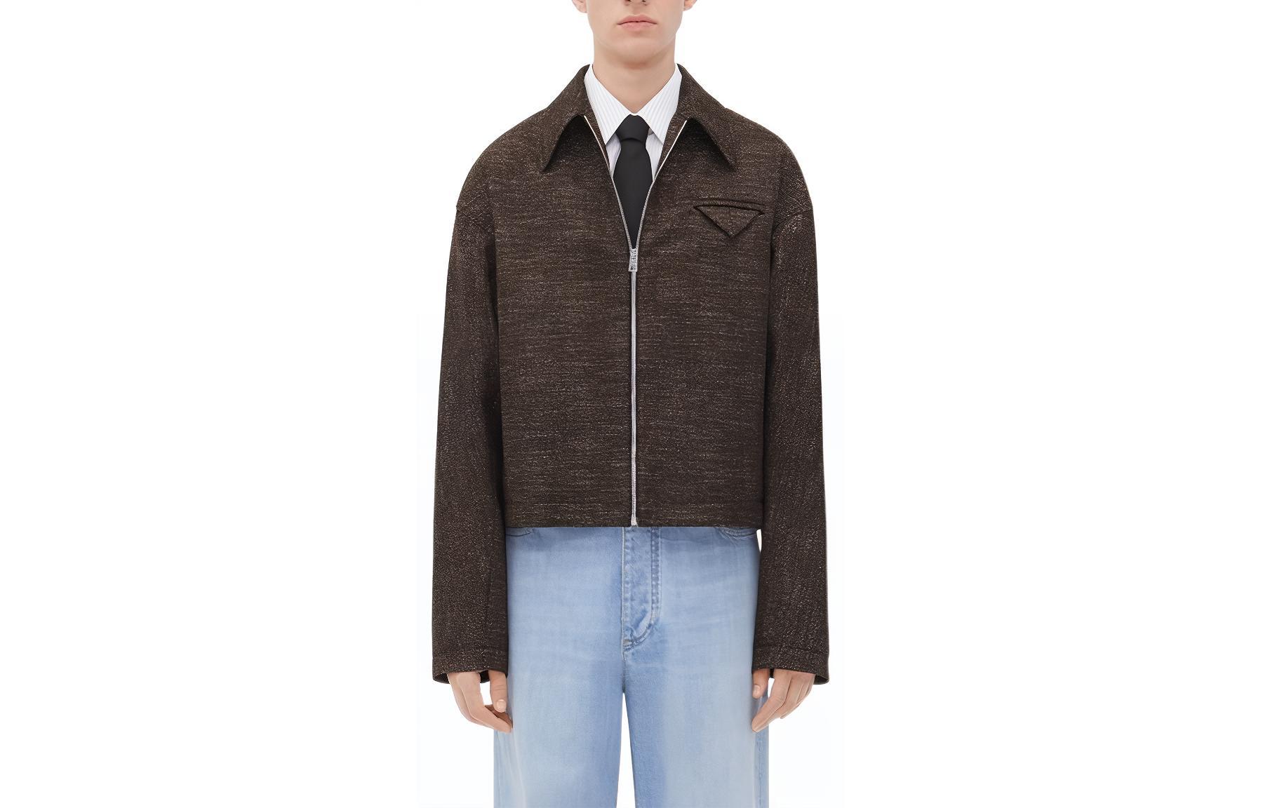 Bottega Veneta FW23 Textured Zip-Up Collared Jacket Brown Men’s 646907V3OM01165