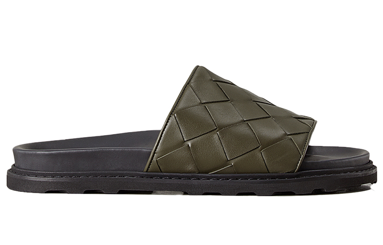 Bottega Veneta Intrecciato Leather Slides 'Black Green' 圖 2