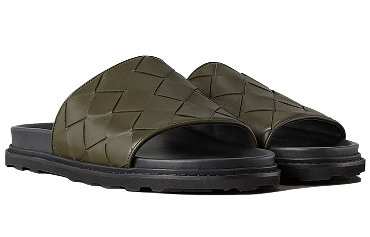 Bottega Veneta Intrecciato Leather Slides 'Black Green' 圖 4