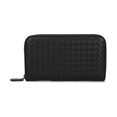Bottega Veneta Intrecciato Weave Zip-Around Wallet Black