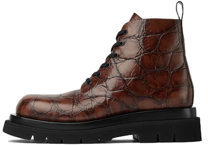 Bottega Veneta葆蝶家 牛皮 鱷魚壓紋繫帶 短筒靴 紅棕色 Buy Bottega Veneta葆蝶家 牛皮 鱷魚壓紋繫帶 短筒靴 紅棕色