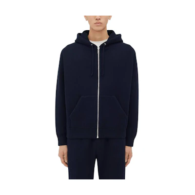Bottega Veneta Navy Blue Solid Color Zip-Up Hooded Jacket 796402V33N04121