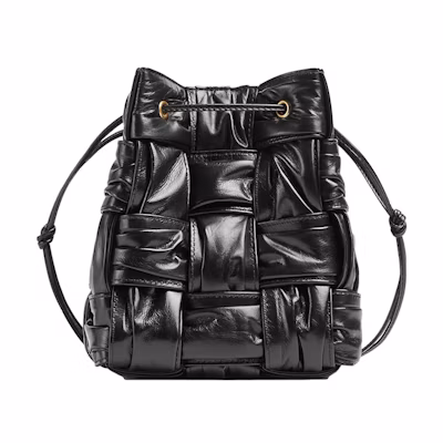 Bottega Veneta Plisse Intreccio Cassette Bucket Crossbody Bag Small Black