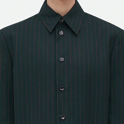 Bottega Veneta SS23 Solid Green Pinstripe Jacket with Collar. 711828V2C403377 Details for Bottega Veneta SS23 Solid Green Pinstripe Jacket with Collar. 711828V2C403377