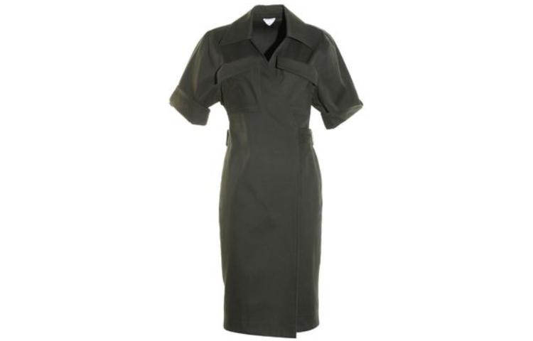 Bottega Veneta SS23 Solid Color Midi Short-Sleeve Dress - Dark Green 738251V2T102275