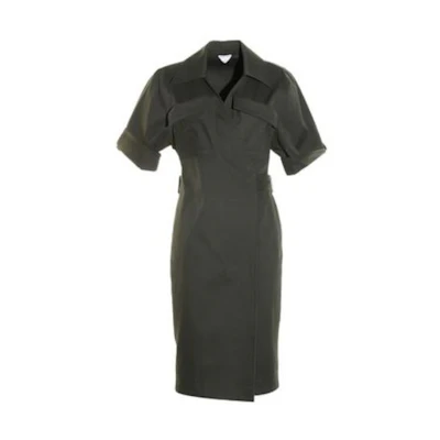 Bottega Veneta SS23 Solid Color Midi Short-Sleeve Dress - Dark Green 738251V2T102275
