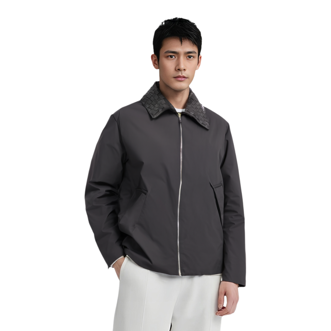 Shop Bottega Veneta SS24 灰色立領拉鏈休閒外套帶領口 809546VF4K01000