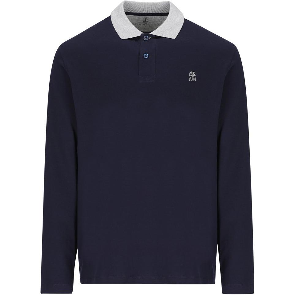 Brunello Cucinelli  Blue Cotton Logo Print Long Sleeve Polo Shirt. M0B138791G-CK781