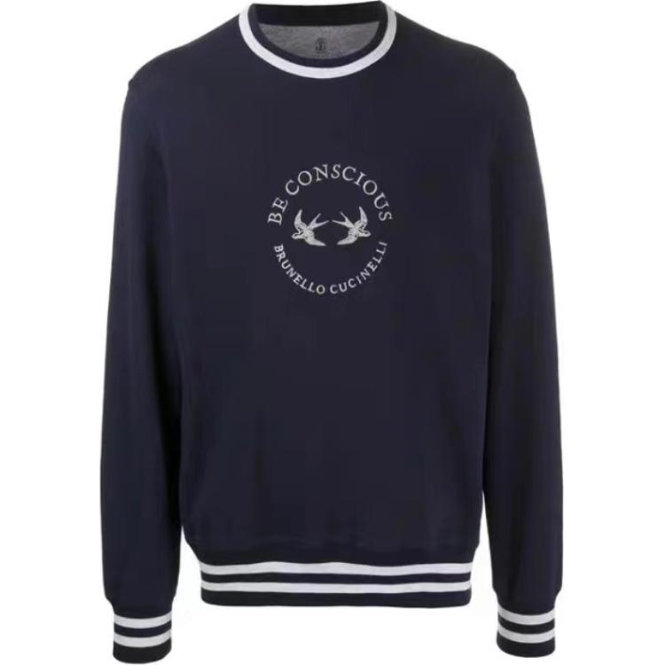 Brunello Cucinelli  Blue Striped Logo Print Crewneck Sweatshirt. MOT359176G-CW770