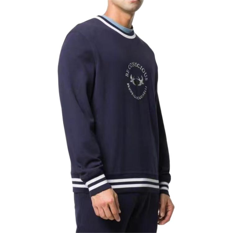 Lookbook Brunello Cucinelli 藍色條紋印花Logo圓領衛衣. MOT359176G-CW770