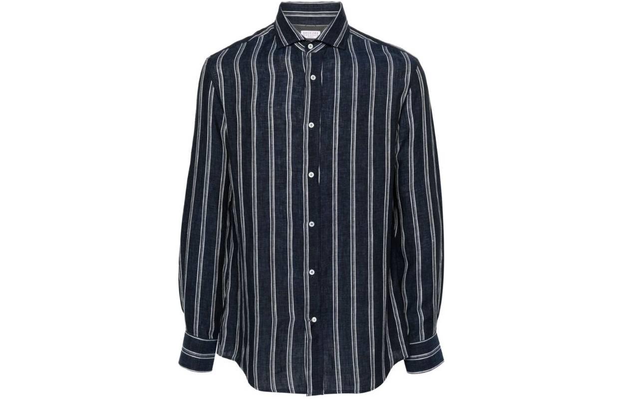 Order Brunello Cucinelli Baju Kemeja Slim-Fit Bergaris Biru Lengan Panjang Lelaki MM6440627-C551