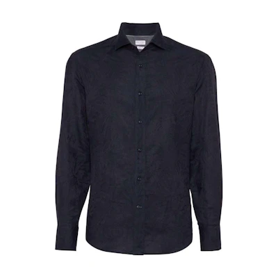 Brunello Cucinelli Midnight Blue Patterned Jacquard Long-Sleeve Shirt SS24. MM6631718P-C180