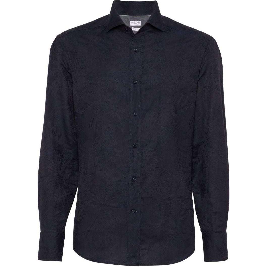 Order Brunello Cucinelli Kemeja Lengan Panjang Jacquard Pola Biru Tua SS24. MM6631718P-C180