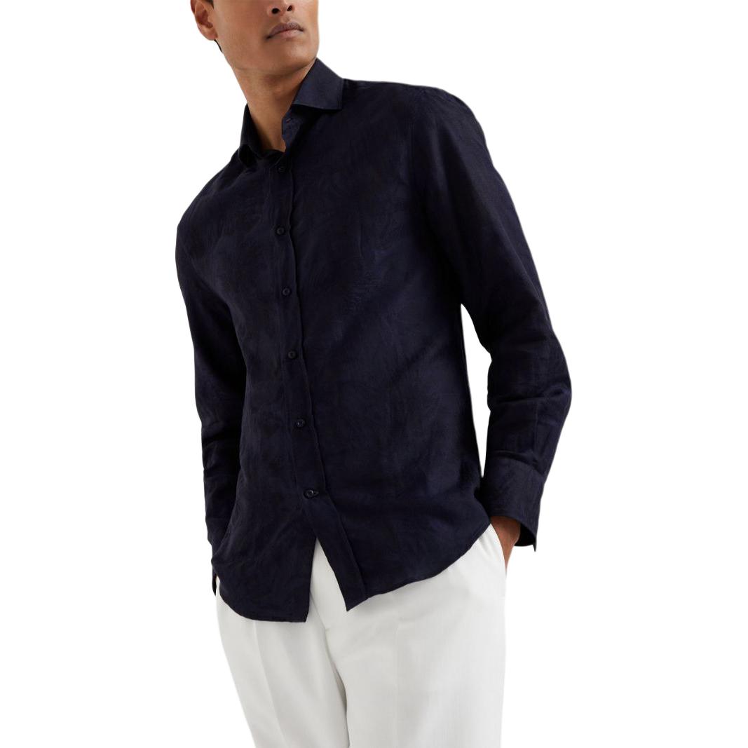 Shop Brunello Cucinelli Kemeja Lengan Panjang Jacquard Pola Biru Tua SS24. MM6631718P-C180